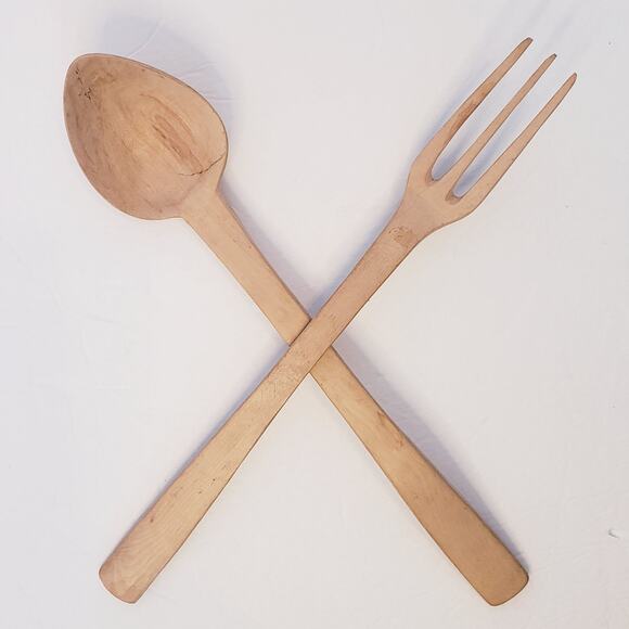 Hand Carved Wood Salad Serving Fork & Spoon Utensil Set 12" by Allen Long, NC - Picture 1 of 8